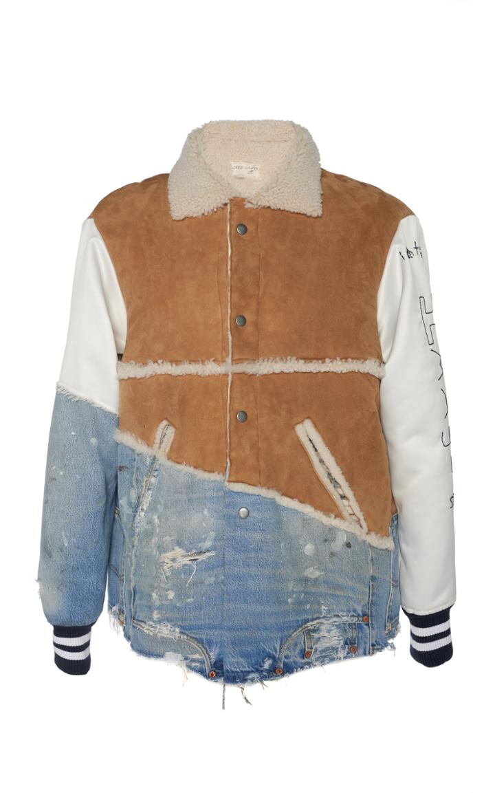 Greg Lauren 50/50 Shearling Denim Varsity Jacket