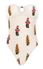 Moda Operandi Agua By Agua Bendita Toronja Dahlia-embroidered Strapless One-piece Sw
