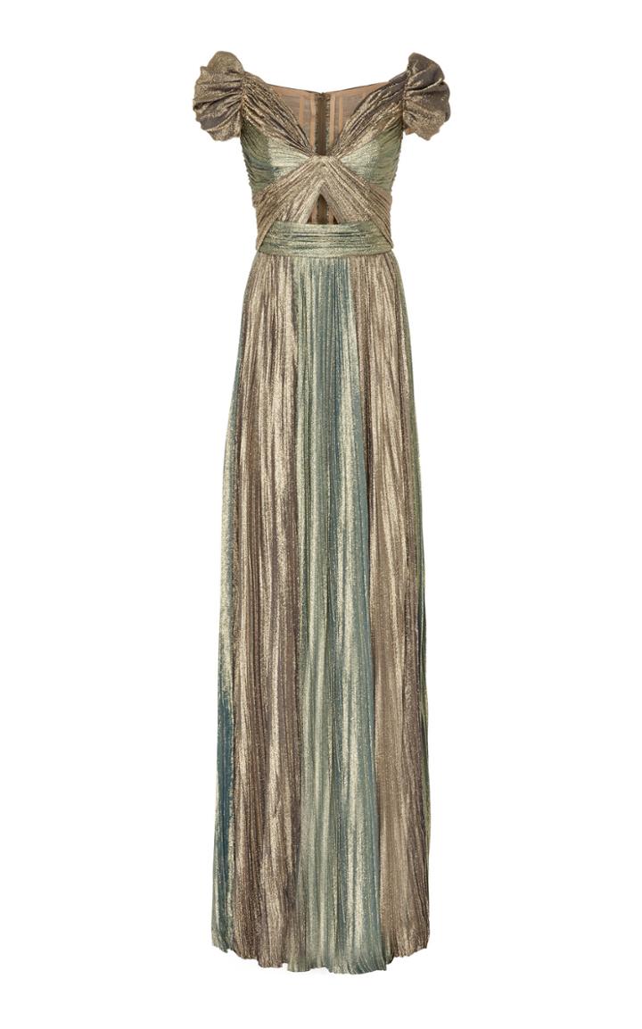 J. Mendel Hand Pleated Off-the-shoulder Metallic Gown