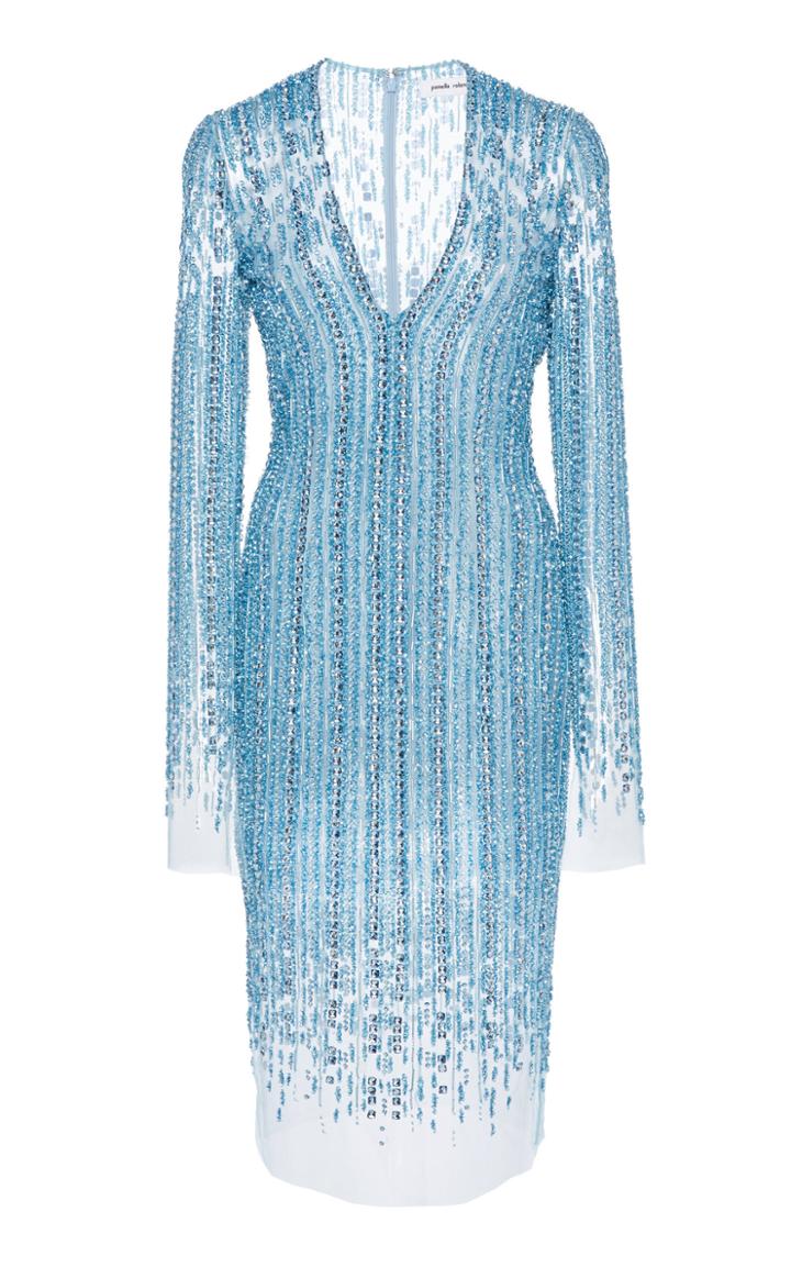 Pamella Roland Long Sleeve Crystal Cocktail Dress