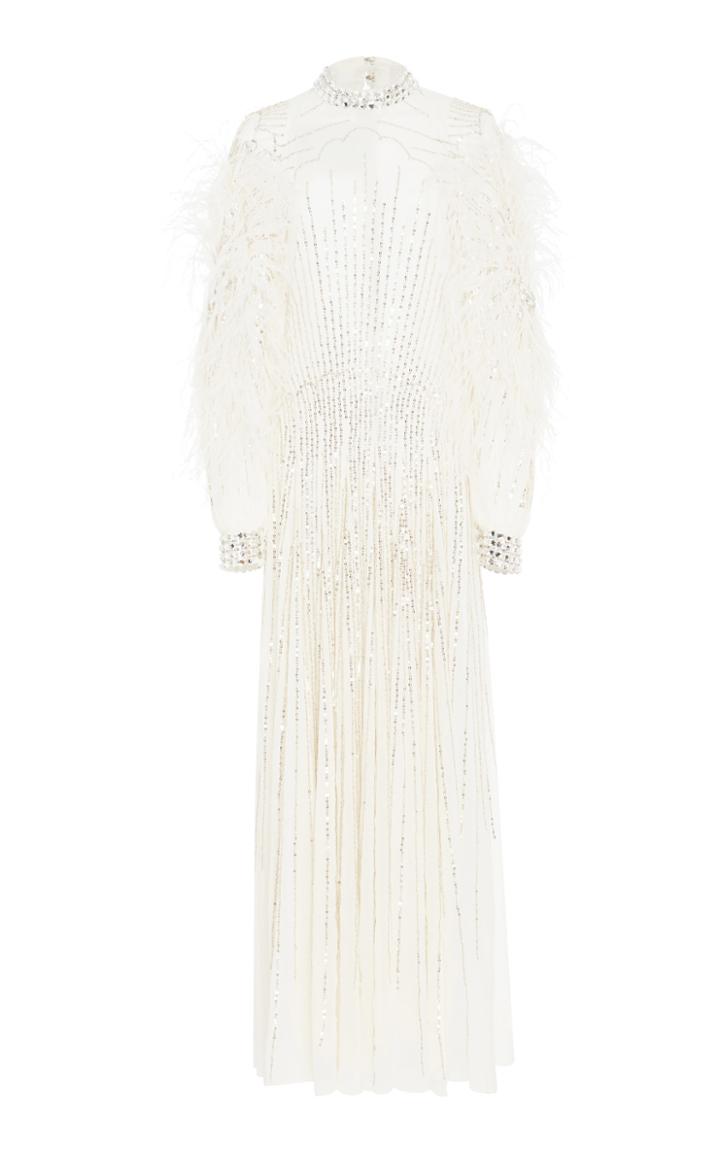 Monique Lhuillier Feather Sleeve Embroidered Gown