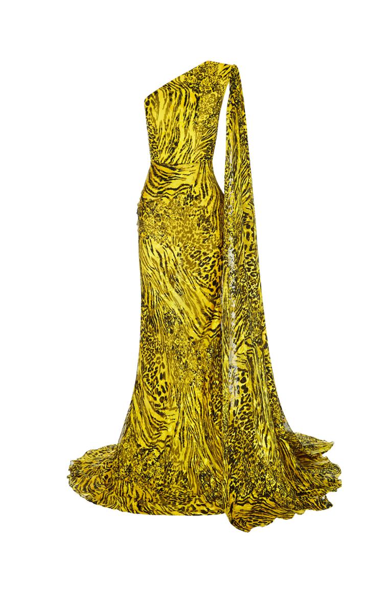 Alex Perry Rhett One-shoulder Leopard Print Chiffon Gown