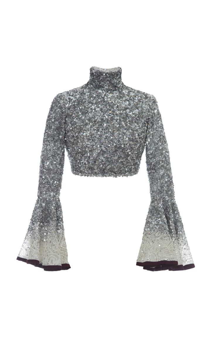 Hussein Bazaza Silk Sequin Cropped Top