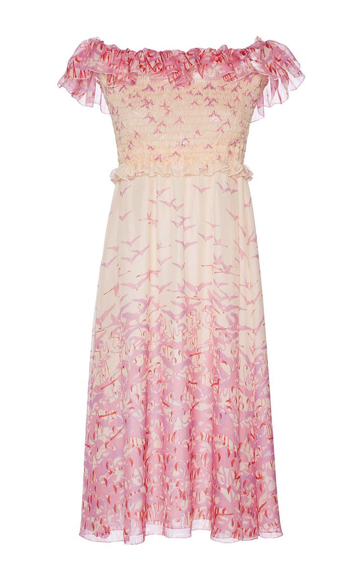 Giamba Off The Shoulder Bird Print Midi Dress