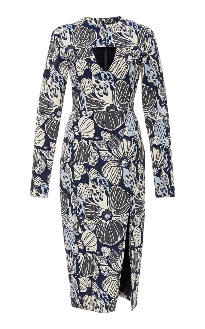 Christian Siriano Floral Print Long Sleeve Cut Out Dress