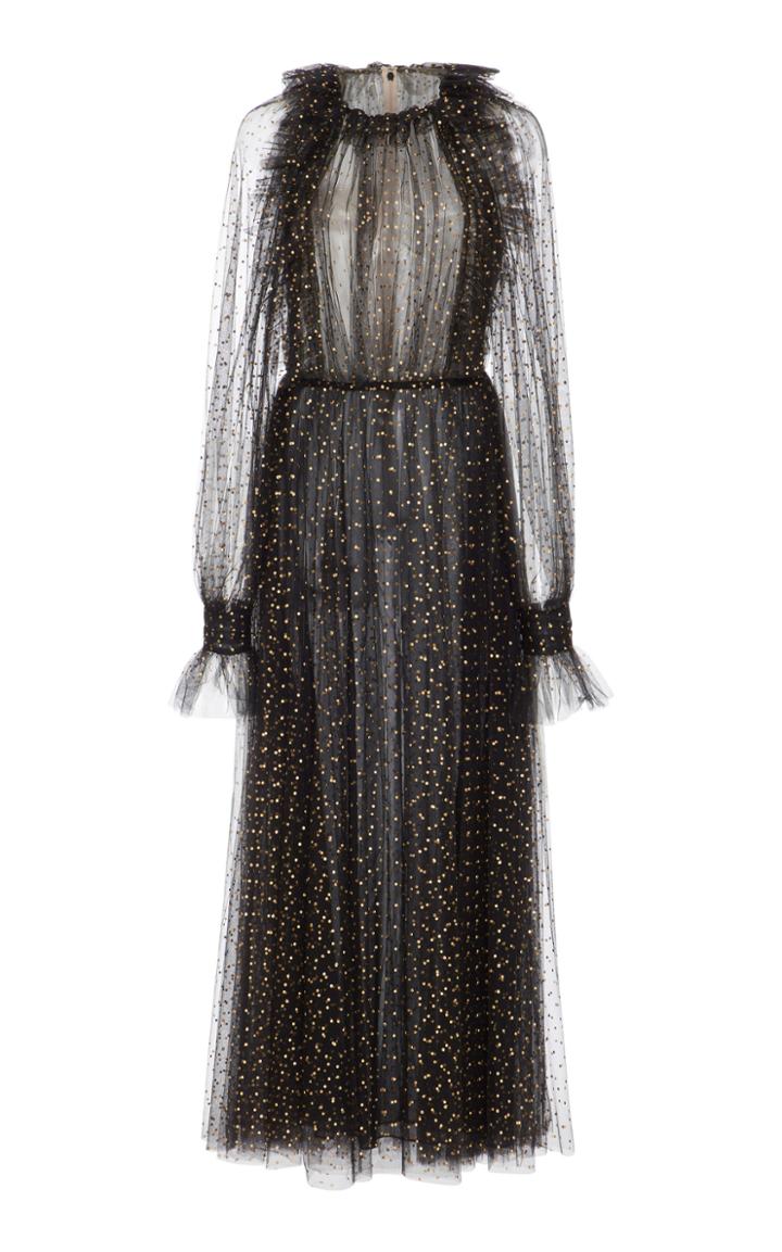 Monique Lhuillier Doted Tulle Long Sleeve Gown
