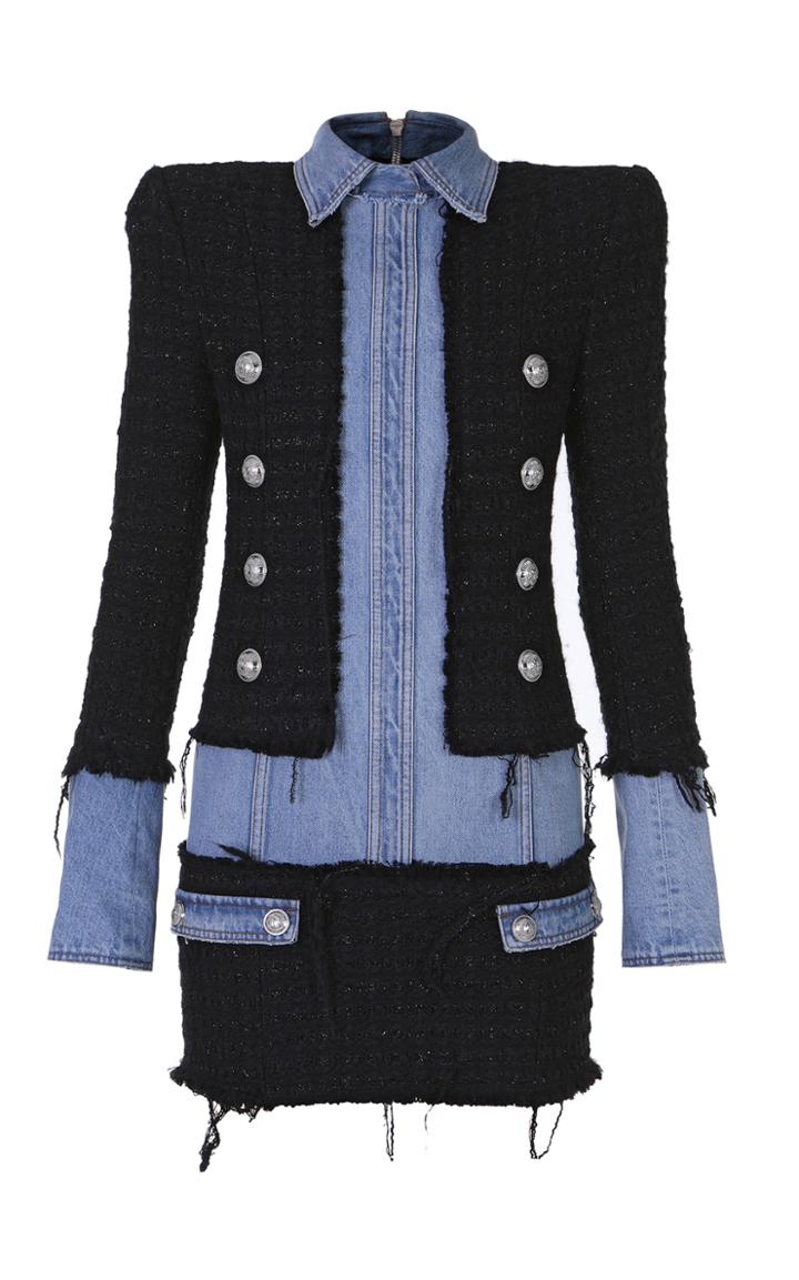 Balmain Double-breasted Denim And Tweed Mini Dress