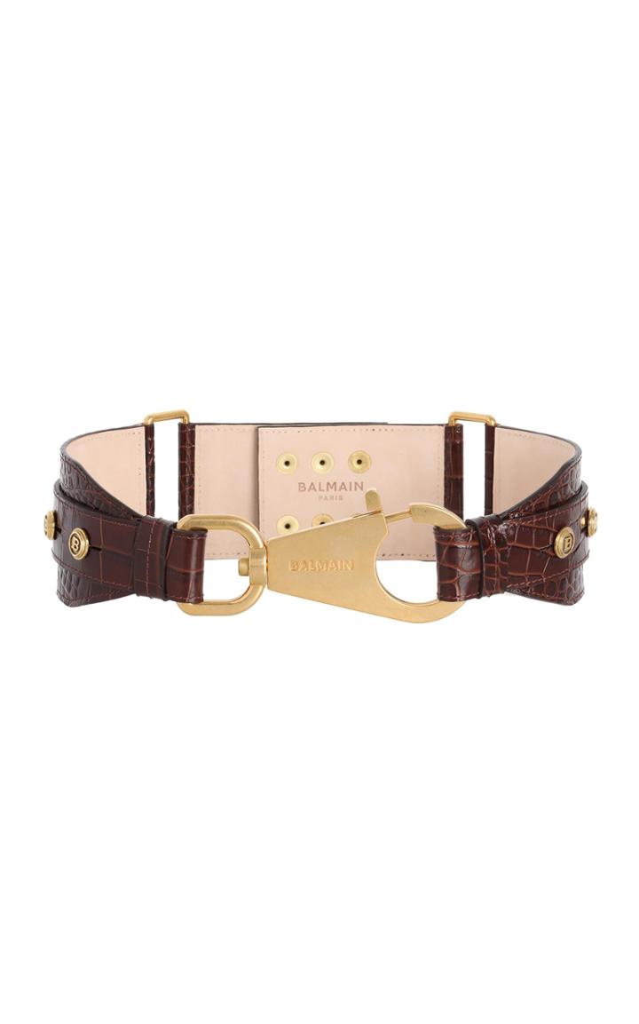 Moda Operandi Balmain Embossed Croc Print B-ring Hook Wide Leather Belt
