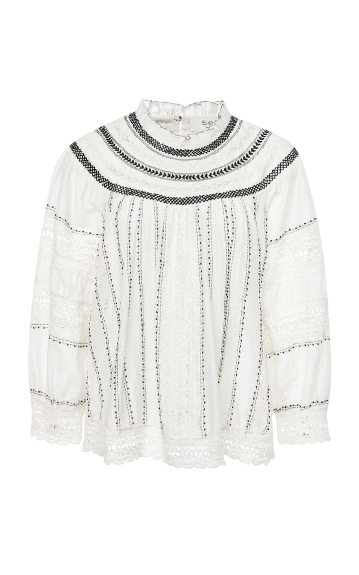 Sea Louisa Embroidery Long-sleeved Peasant Top