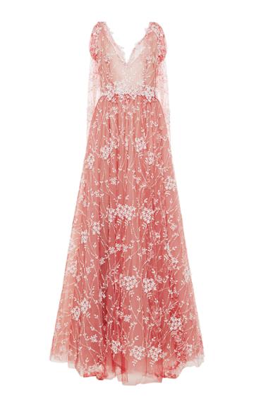 Luisa Beccaria Tulle Embroidered V-neckline Gown