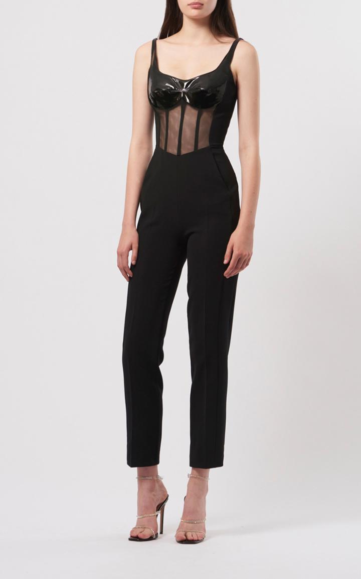 Moda Operandi David Koma Patent Leather-detailed Mesh And Crepe Jumpsuit