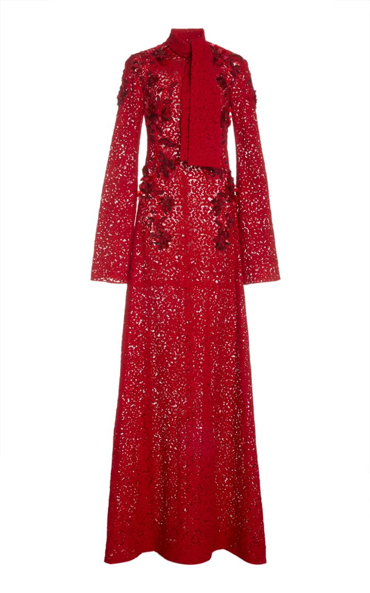 Moda Operandi Pamella Roland Floral-appliqued Lace Tie-neck Gown