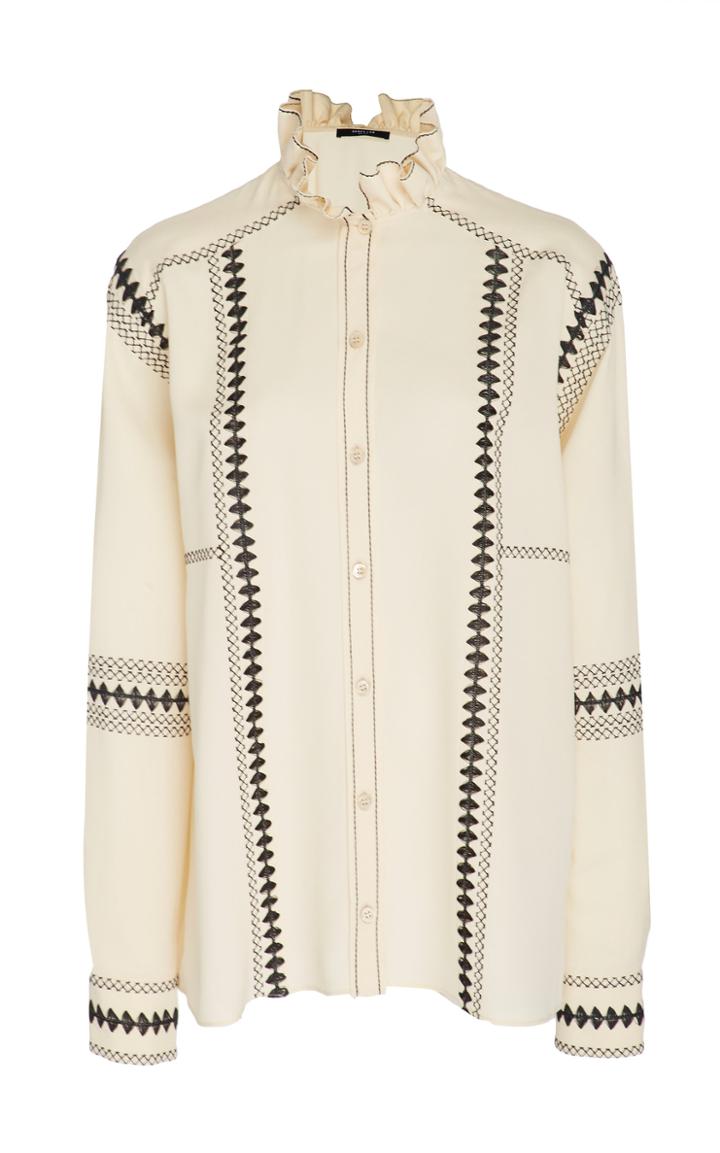 Derek Lam Long Sleeve Embroidered Silk Button Down Shirt
