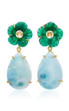 Bounkit 14k Gold-plated Green Agate Carved Flower Clear Quartz And Larimar Pear Drop Earrings
