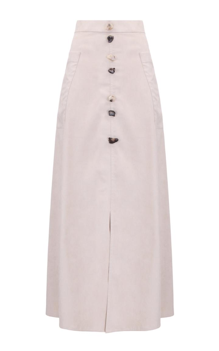 Amal Al Mulla Ivory Suede A-line Midi Skirt With Agate Button Detailing