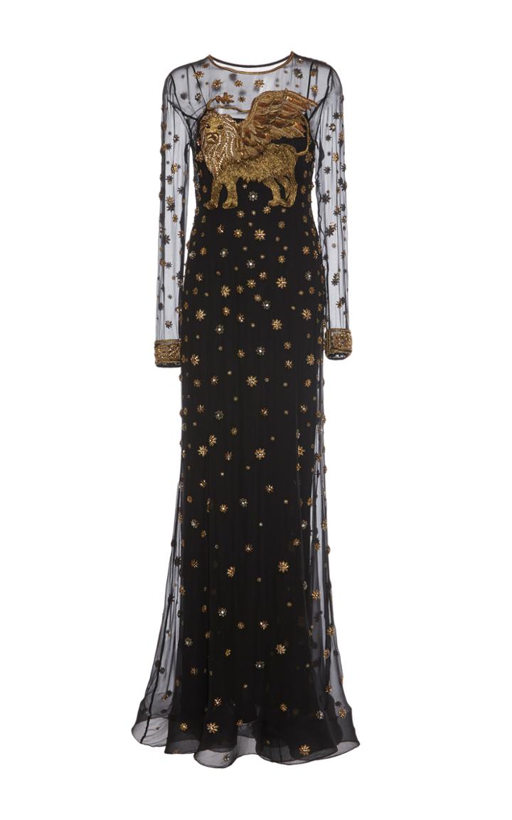 Alberta Ferretti Lion Embroidered Silk Chiffon Gown