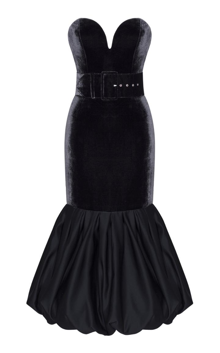 Rasario Velvet Corset Midi Dress With Satin Skirt