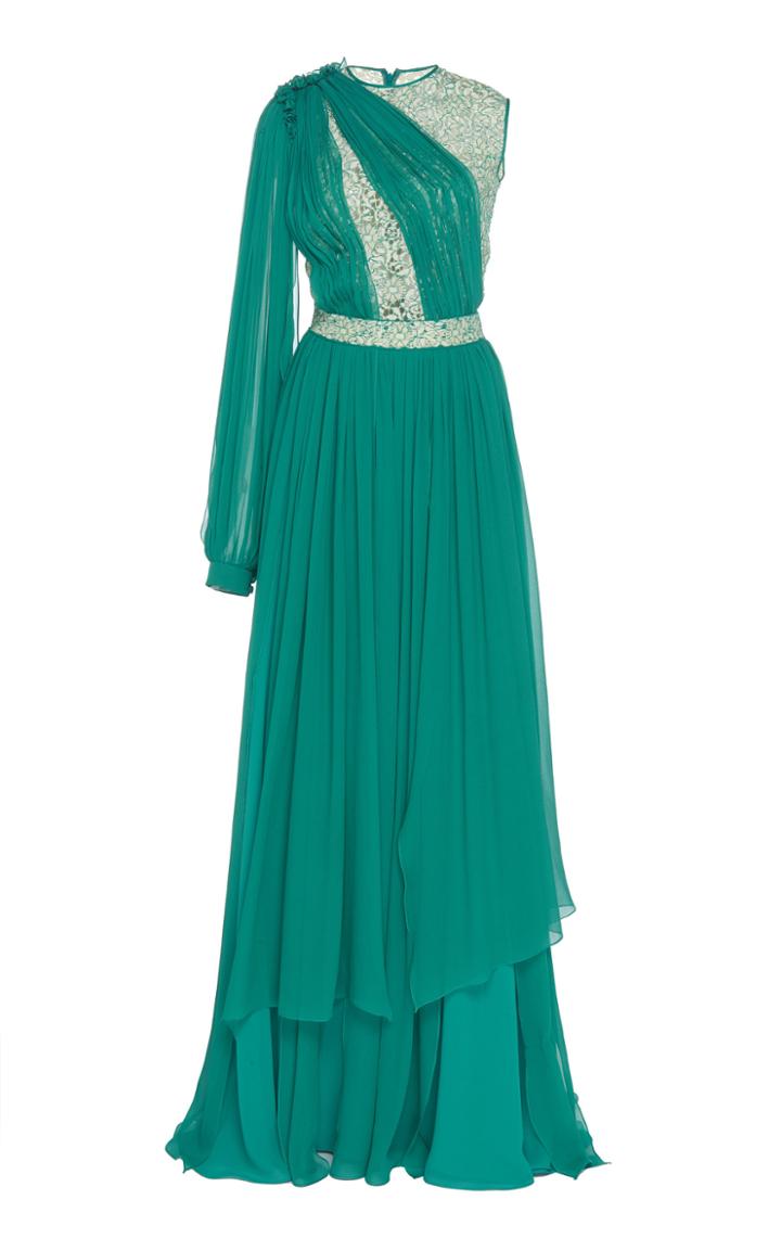 Costarellos Lace-accented One-sleeve Silk-chiffon Gown