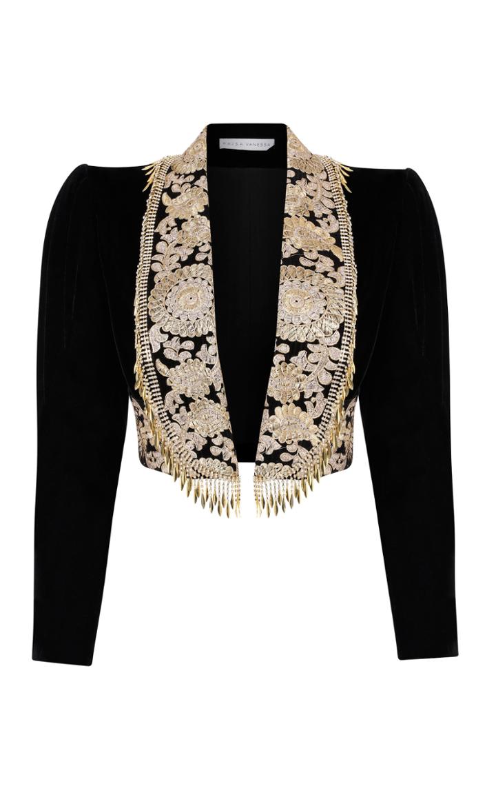 Moda Operandi Raisa Vanessa Embroidered Velvet Cropped Jacket
