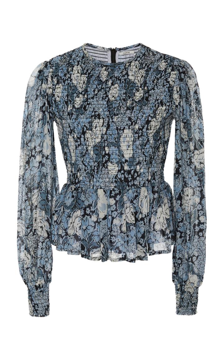 Ganni Elm Printed Georgette Peplum Top