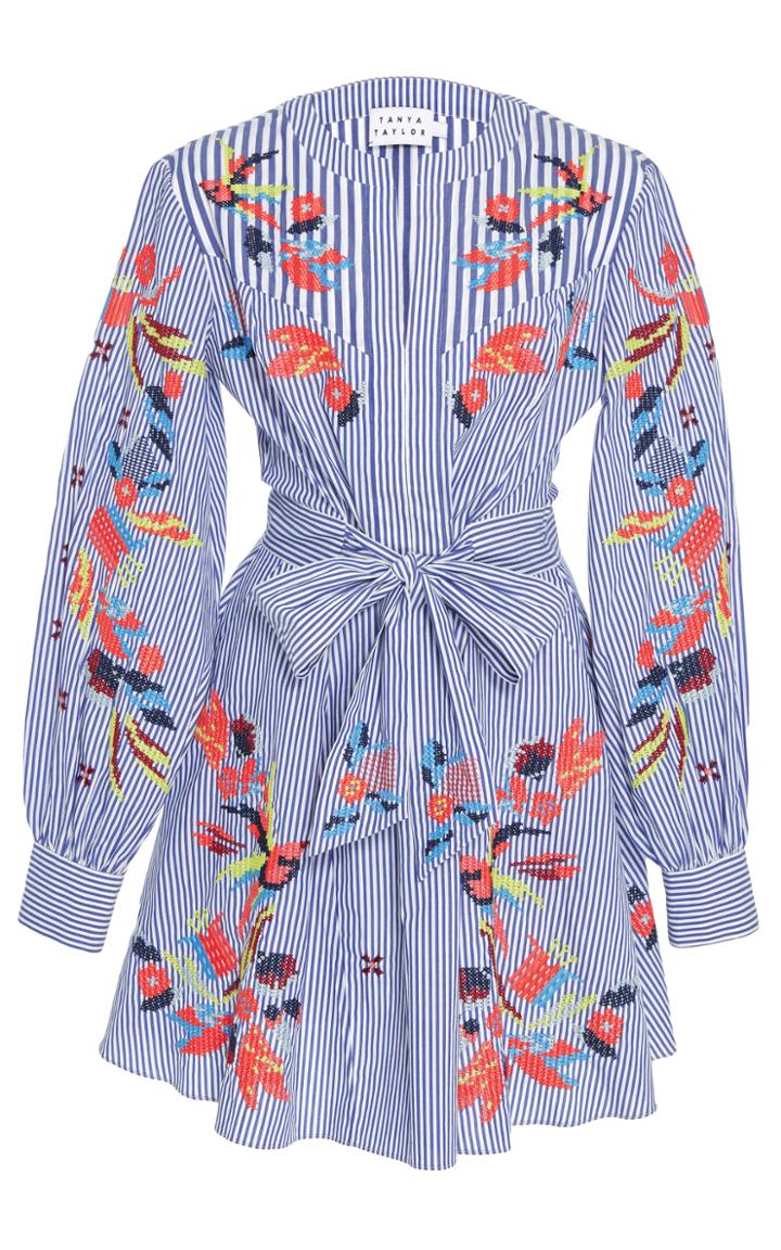 Tanya Taylor Embroidered Menswear Stripe Caro Dress