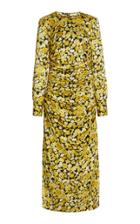 Ganni Draped Floral Stretch-silk Midi Dress