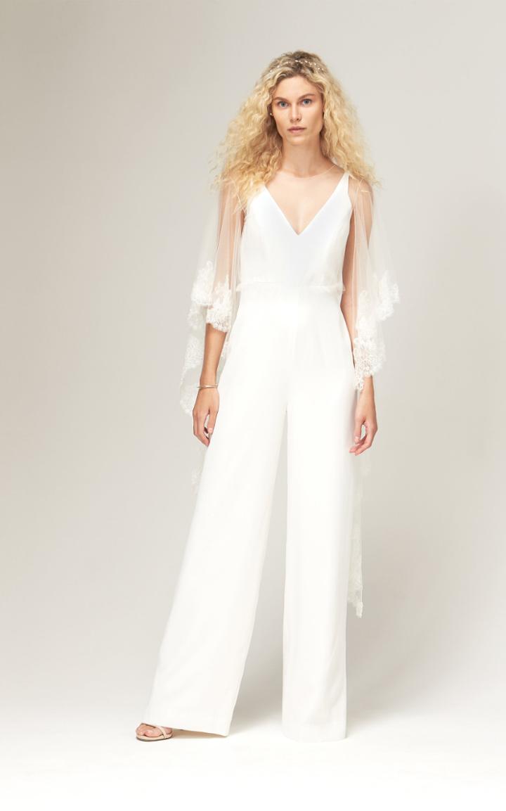 Savannah Miller Viola V-neck Crepe Jumpsuit With Embellished Tulle
