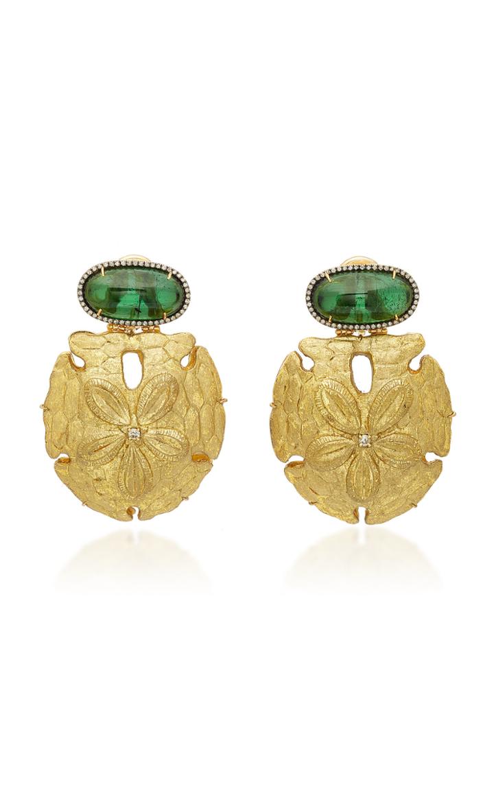 Silvia Furmanovich Sculptural Botanical Gold Sand Dollar Drop And Tourmaline Earrings