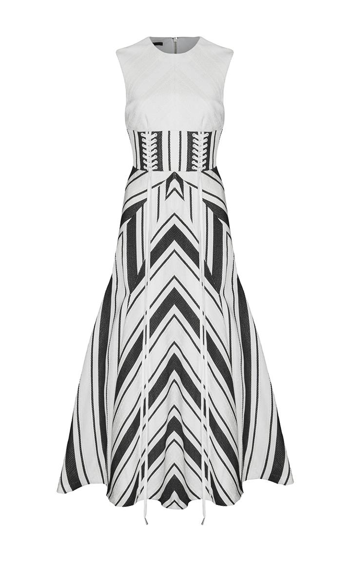 Alex Perry The Carter Stripe Eyelet Crew Neck Midi Dress