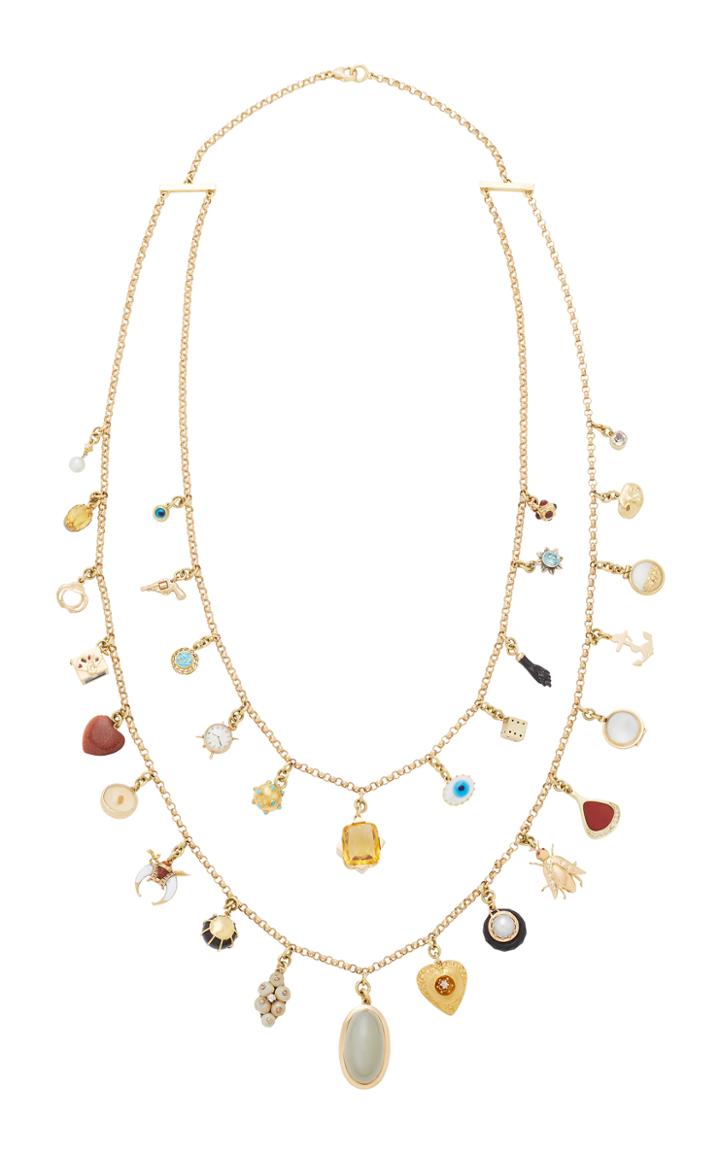 Renee Lewis Antique Gold Gemstone And Diamond Charm Necklace