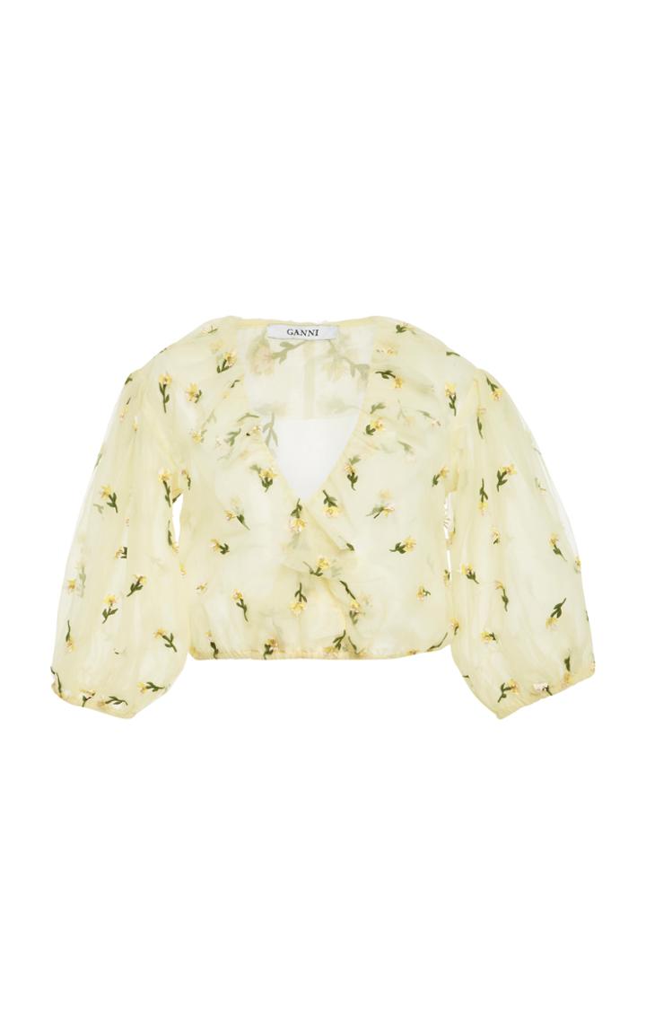 Ganni Floral-embroidered Organza Cropped Top