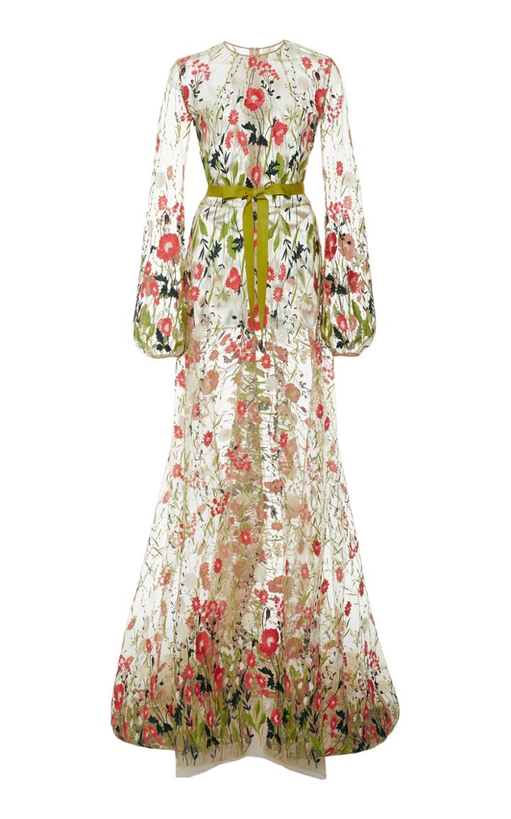 Moda Operandi Naeem Khan Tie-accented Floral Embroidered Sheer Gown Size: 2