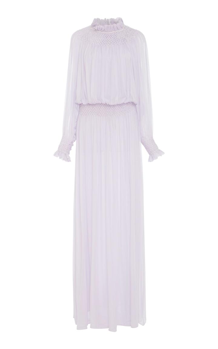 Monique Lhuillier Smocked Pearl Embroidered Gown
