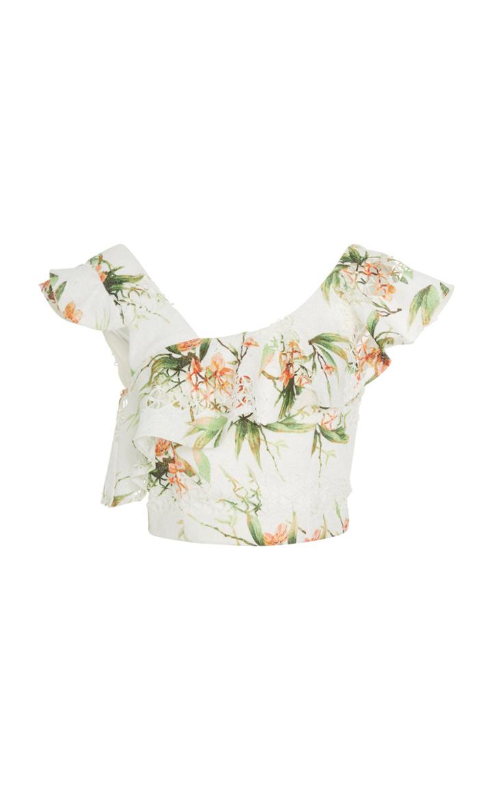 Patbo Printed Lace Ruffle Cropped Top