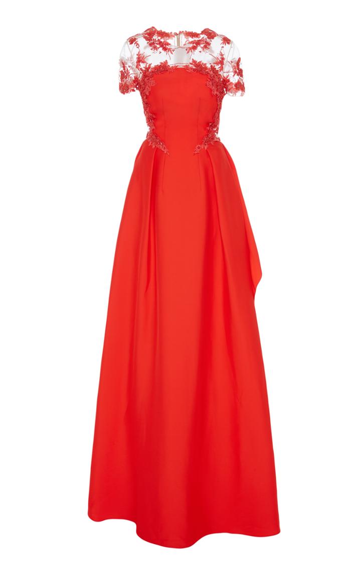 Pamella Roland Floral Embroidered Faille Gown
