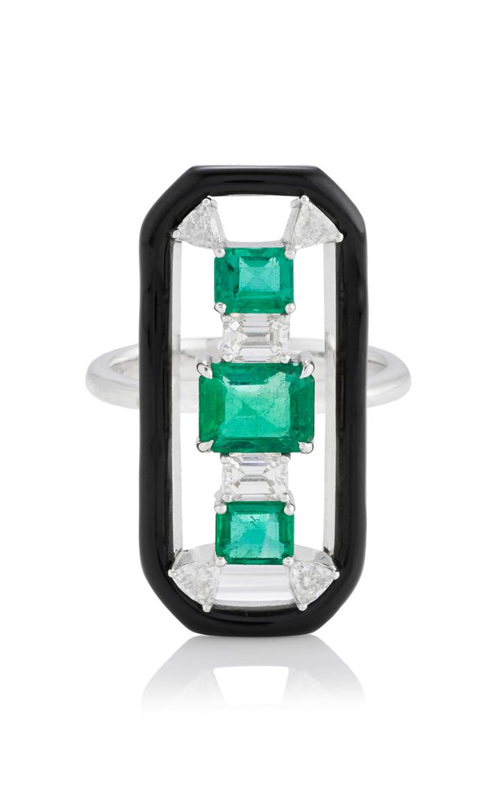 Nikos Koulis Oui Long Ring With Emeralds Trillion And Emerald Cut White Diamonds And Black Enamel