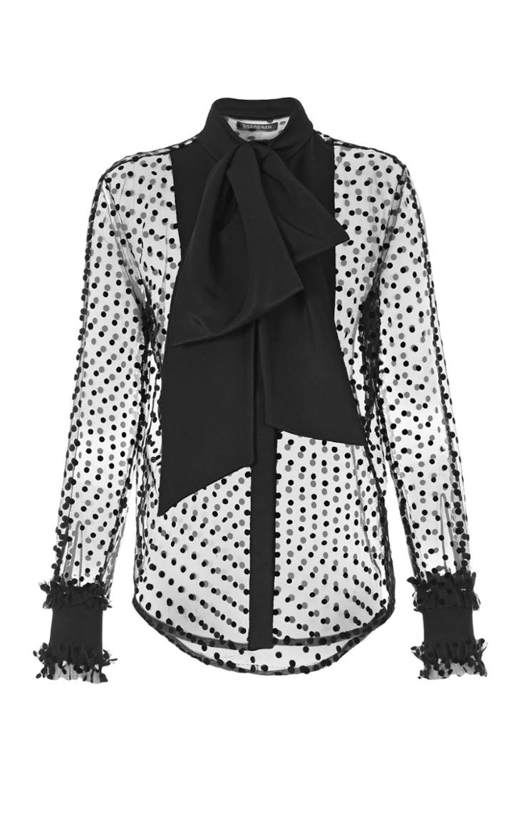 Balmain Pussy-bow Sheer Swiss-dot Blouse