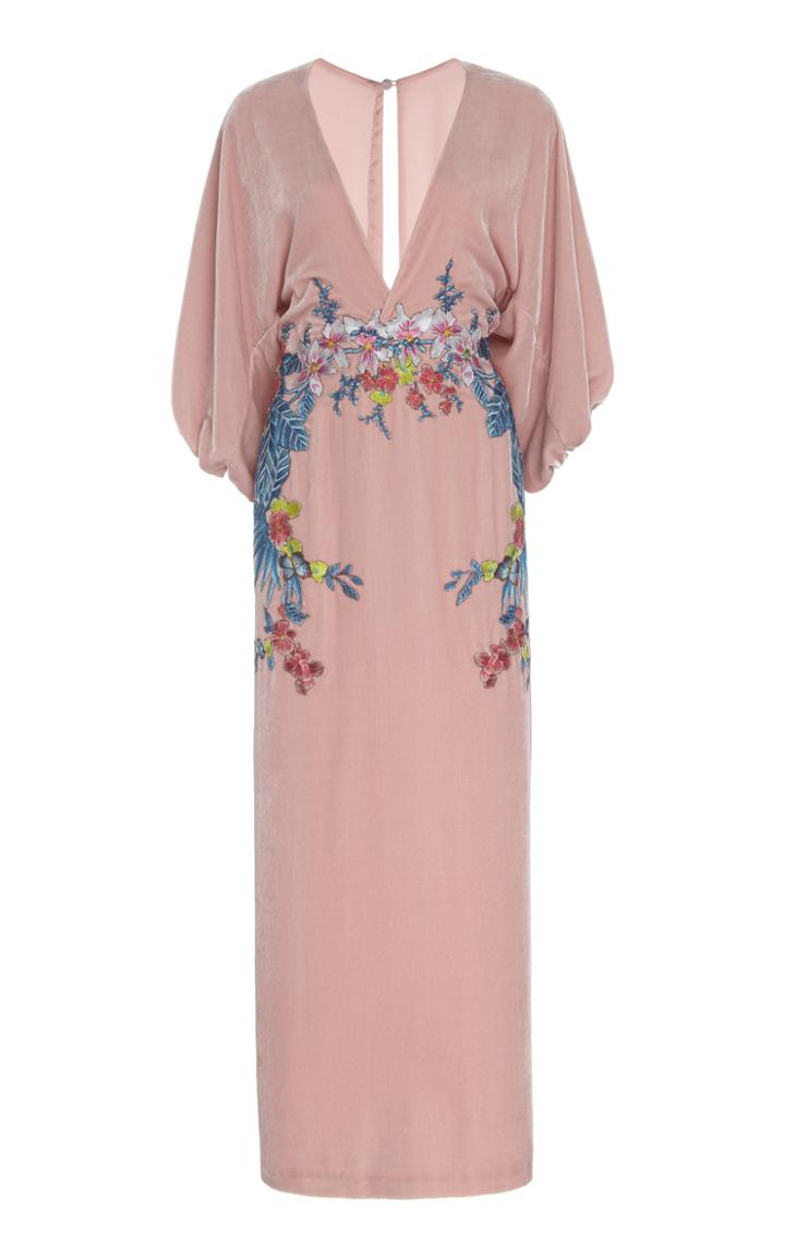 Costarellos Silk Velvet Embroidered Plunge Dress