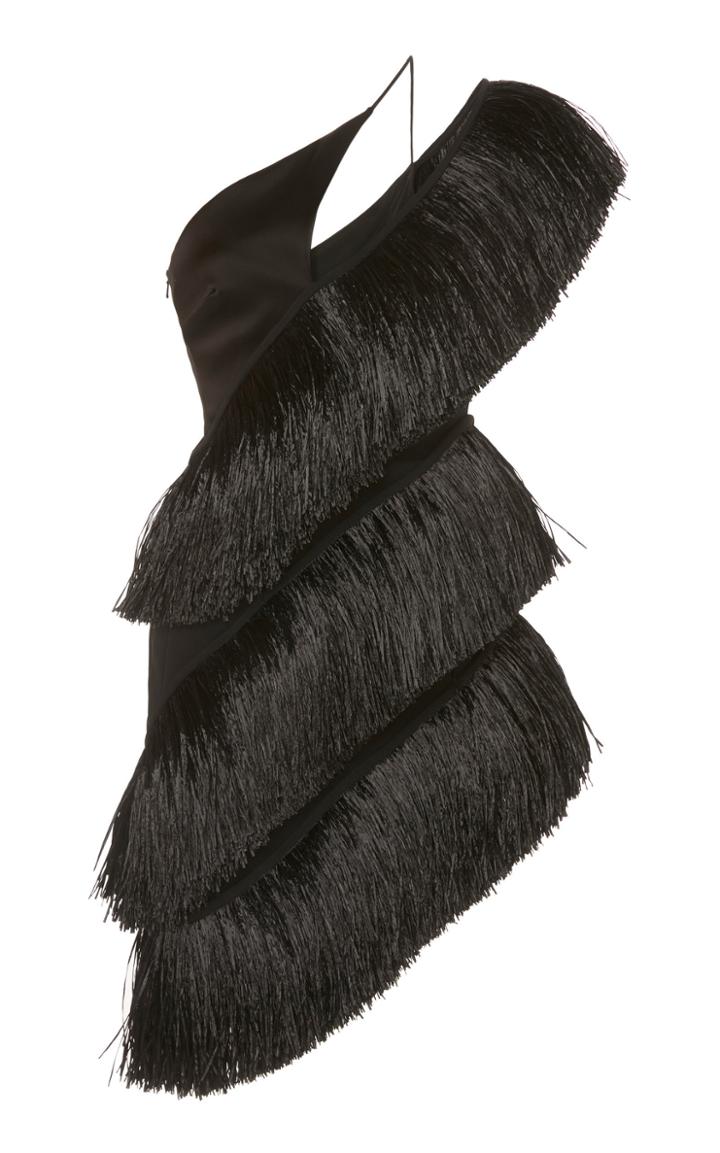 Moda Operandi David Koma Asymmetric Tiered Fringe Satin Dress Size: 6
