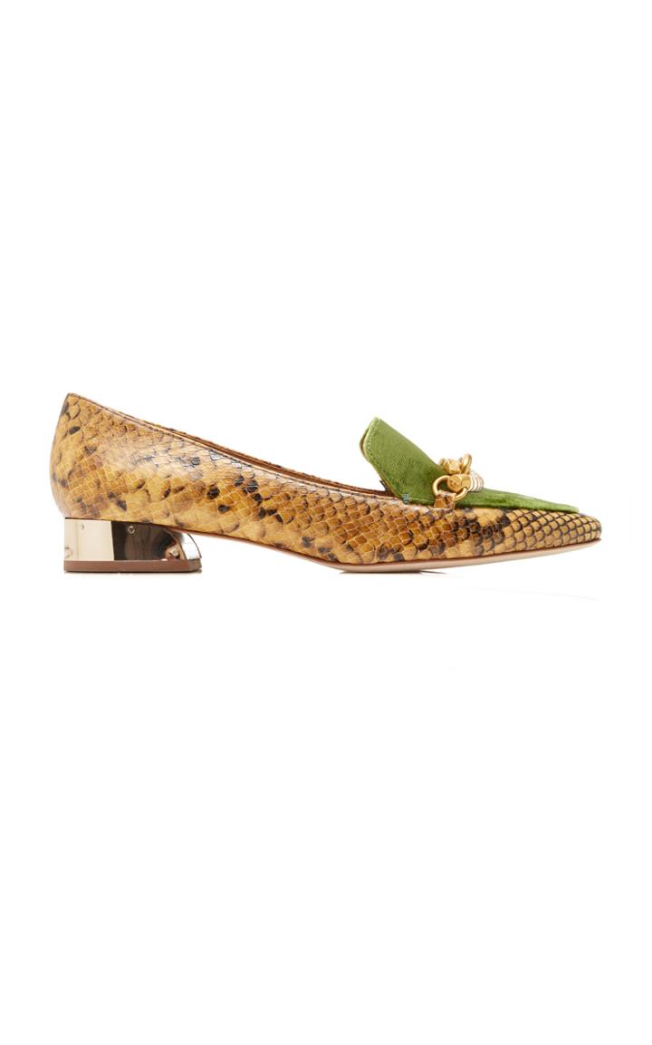 Tory Burch Jessa Snake-effect Velvet-trimmed Leather Loafers