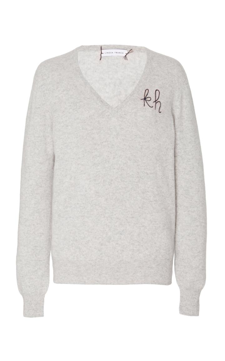 Moda Operandi Lingua Franca Monogrammed Cashmere V-neck Sweater With Navy Thread Siz