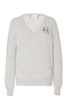 Moda Operandi Lingua Franca Monogrammed Cashmere V-neck Sweater With Navy Thread Siz
