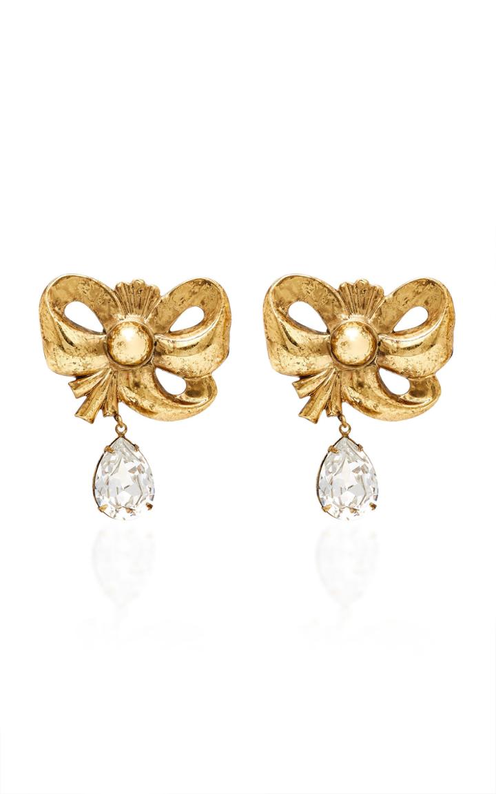 Rodarte Antique Gold Bow Earrings With Teardrop Swarovski Detail