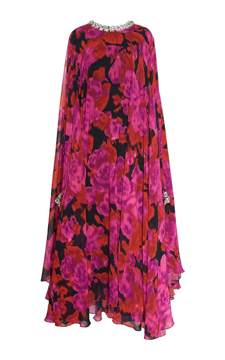 Richard Quinn Floral Moire Cuff Embroidered Chiffon Gown
