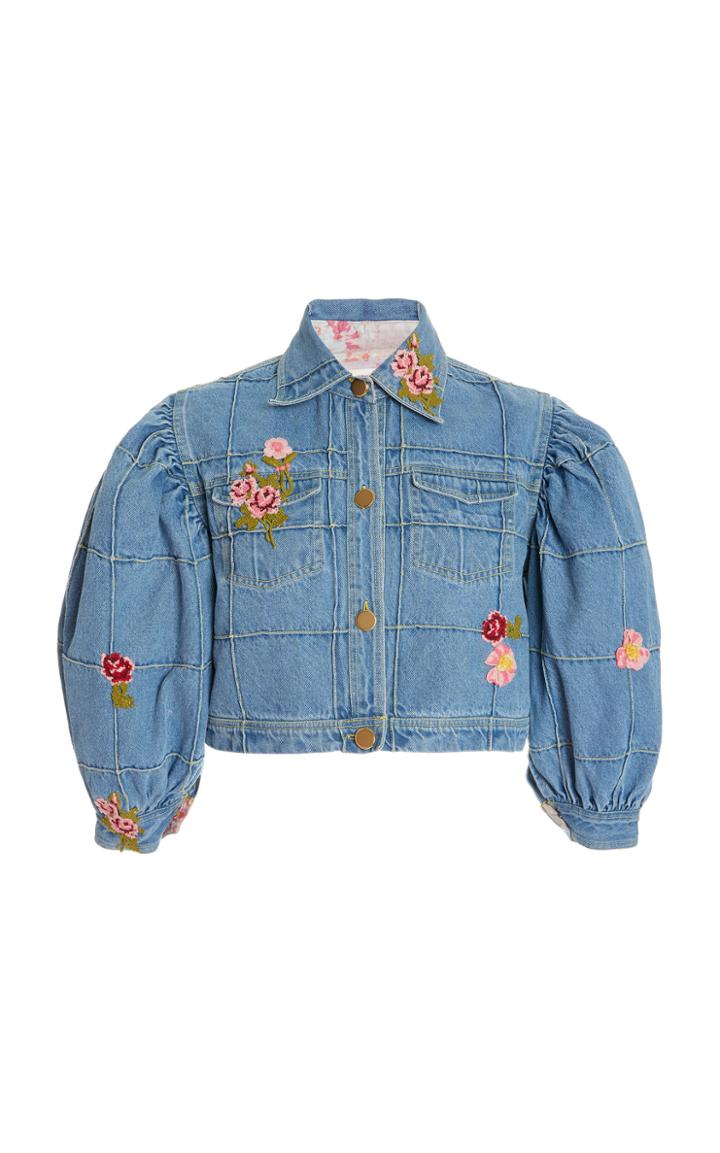 Moda Operandi Loveshackfancy Devia Embroidered Cropped Denim Jacket