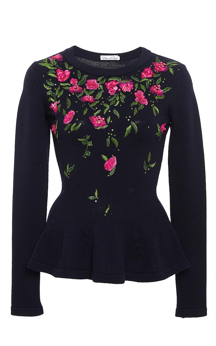 Oscar De La Renta Navy Virgin Wool Peplum Floral Top