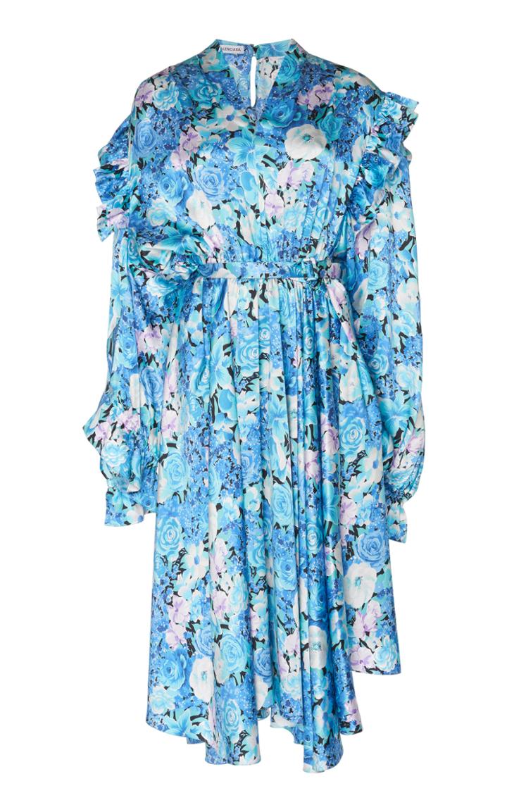 Balenciaga Asymmetric Floral Silk Satin Midi Dress