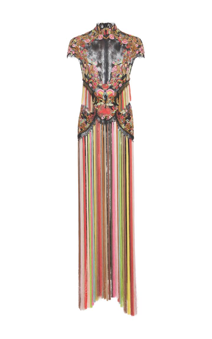 Marchesa Floral Threadwork And Fringe Column Gown