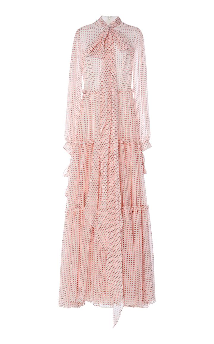 Moda Operandi Costarellos Polka Dot Printed Chiffon Tiered Pussybow Dress Size: 34