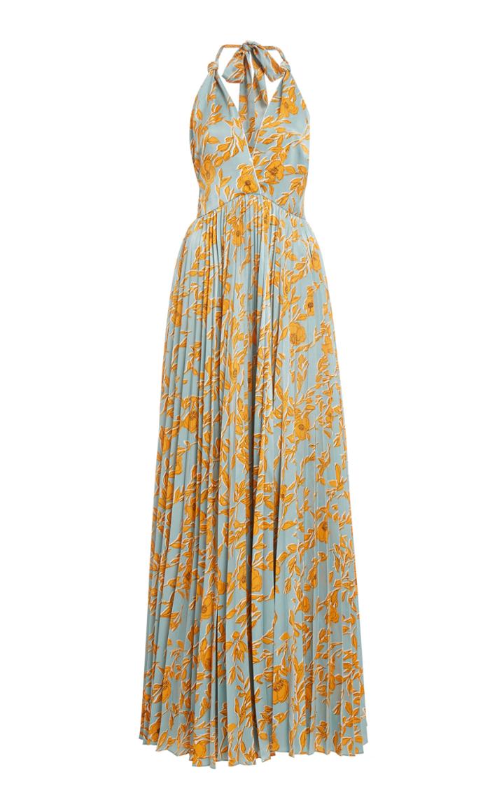 Alexis Alberca Pleated Halterneck Printed Crepe Maxi Dress
